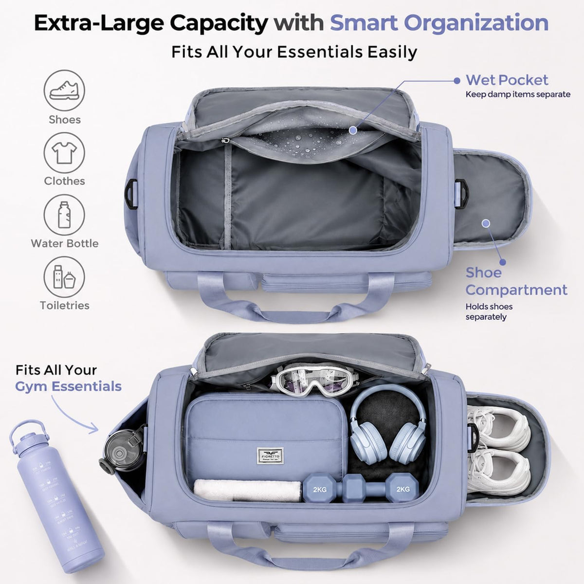 Women's Gym Duffle Bag with Shoes Compartment, 30L Capacity, Ideal for Travel, Gym, Sports, Duffel, Weekender