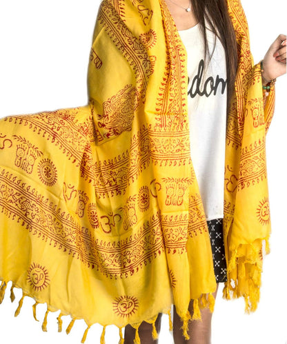 Large Scarf Wrap Yoga Soft Cotton Mix Hand Printed Boho Bohemian White Black Yellow