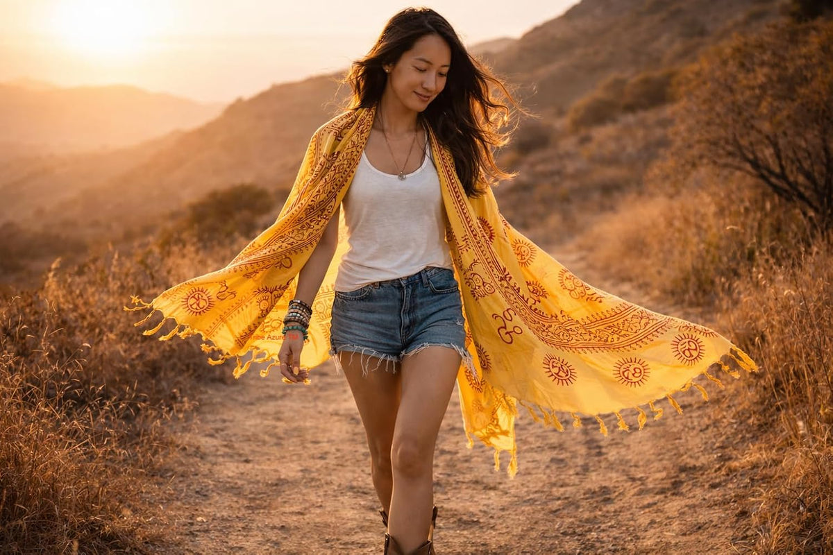 Large Scarf Wrap Yoga Soft Cotton Mix Hand Printed Boho Bohemian White Black Yellow