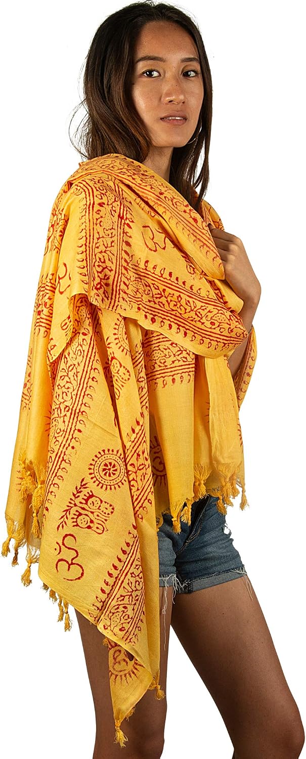 Large Scarf Wrap Yoga Soft Cotton Mix Hand Printed Boho Bohemian White Black Yellow