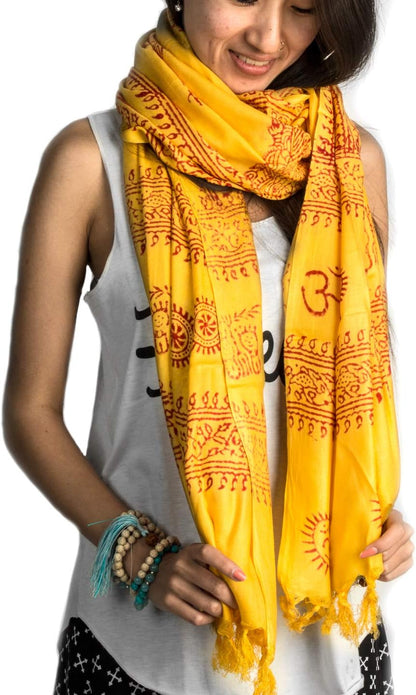 Large Scarf Wrap Yoga Soft Cotton Mix Hand Printed Boho Bohemian White Black Yellow