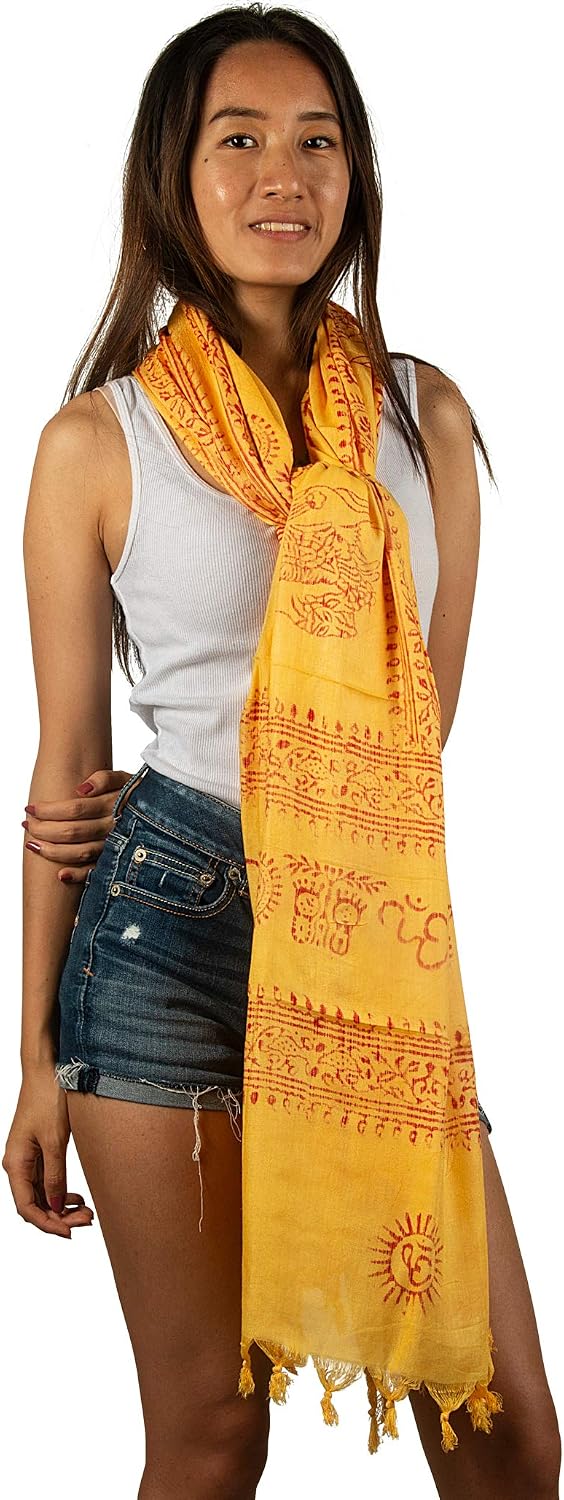 Large Scarf Wrap Yoga Soft Cotton Mix Hand Printed Boho Bohemian White Black Yellow