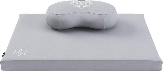 Meditation Cushion & Zabuton Meditation Mat Bundle - 100% Cotton Meditation Cushion Set for Yoga - Buckwheat Crescent Shaped Zafu Floor Pillow Rectangular Mat - Slate Grey Color