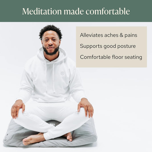 Meditation Cushion & Zabuton Meditation Mat Bundle - 100% Cotton Meditation Cushion Set for Yoga - Buckwheat Crescent Shaped Zafu Floor Pillow Rectangular Mat - Slate Grey Color