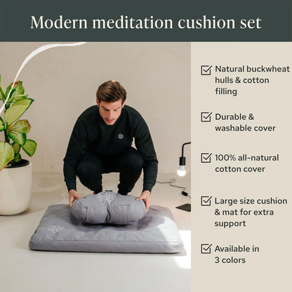 Meditation Cushion & Zabuton Meditation Mat Bundle - 100% Cotton Meditation Cushion Set for Yoga - Buckwheat Crescent Shaped Zafu Floor Pillow Rectangular Mat - Slate Grey Color