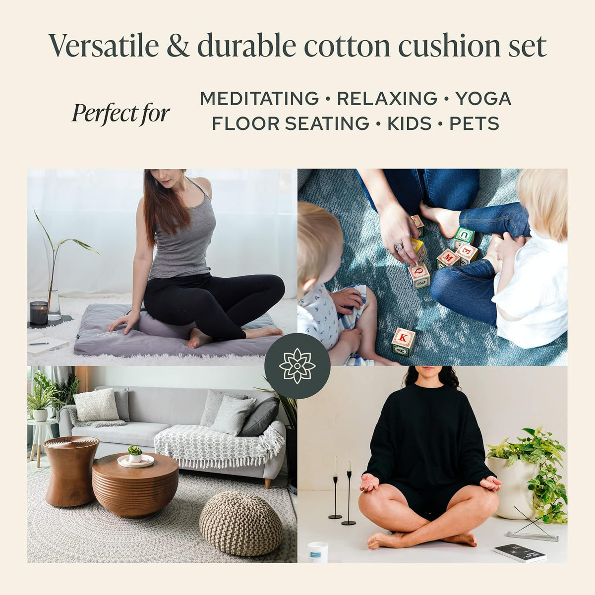 Meditation Cushion & Zabuton Meditation Mat Bundle - 100% Cotton Meditation Cushion Set for Yoga - Buckwheat Crescent Shaped Zafu Floor Pillow Rectangular Mat - Slate Grey Color