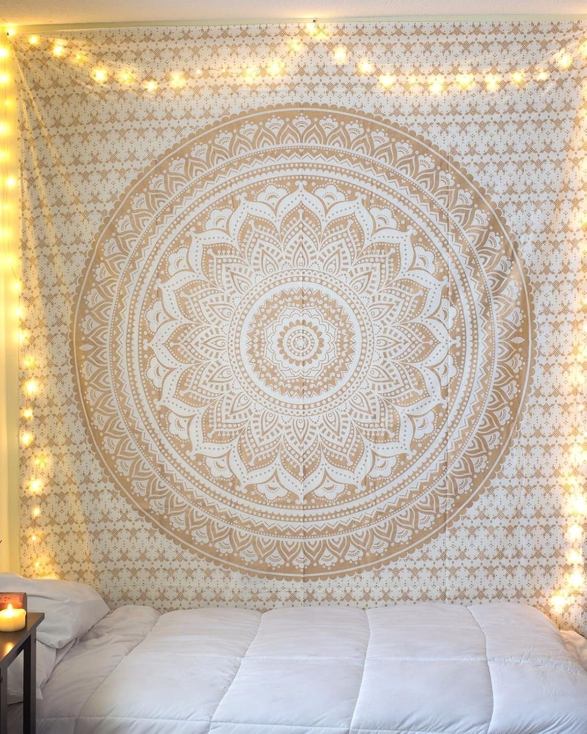 Original Gold Tapestry Wall Hanging Mandala – Cotton Throw Tapestry – Boho Bedding White and Gold Medium Bedspread 54x60 Inches – Meditation & Yoga Rug Mat
