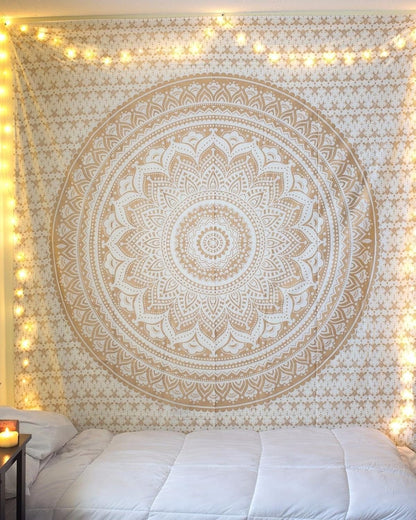Original Gold Tapestry Wall Hanging Mandala – Cotton Throw Tapestry – Boho Bedding White and Gold Medium Bedspread 54x60 Inches – Meditation & Yoga Rug Mat