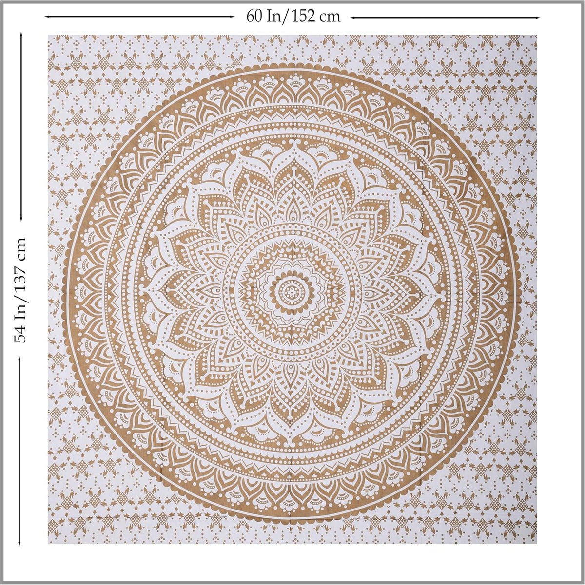 Original Gold Tapestry Wall Hanging Mandala – Cotton Throw Tapestry – Boho Bedding White and Gold Medium Bedspread 54x60 Inches – Meditation & Yoga Rug Mat