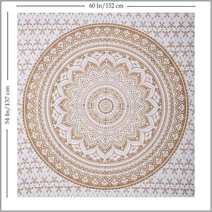 Original Gold Tapestry Wall Hanging Mandala – Cotton Throw Tapestry – Boho Bedding White and Gold Medium Bedspread 54x60 Inches – Meditation & Yoga Rug Mat