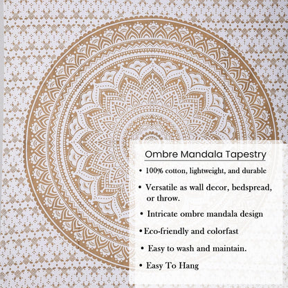 Original Gold Tapestry Wall Hanging Mandala – Cotton Throw Tapestry – Boho Bedding White and Gold Medium Bedspread 54x60 Inches – Meditation & Yoga Rug Mat