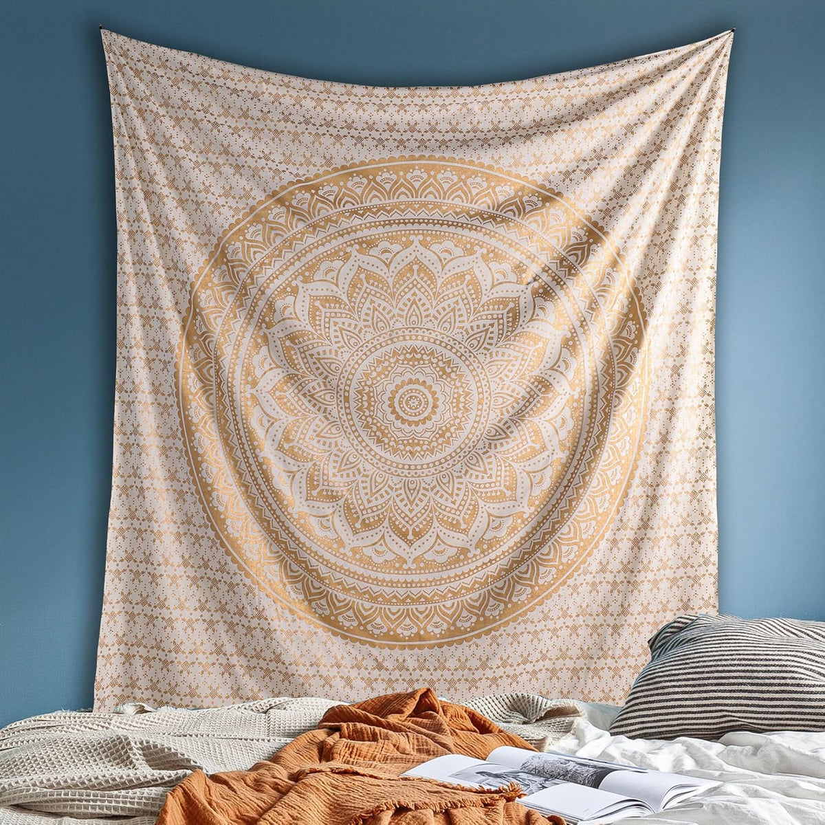 Original Gold Tapestry Wall Hanging Mandala – Cotton Throw Tapestry – Boho Bedding White and Gold Medium Bedspread 54x60 Inches – Meditation & Yoga Rug Mat