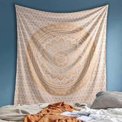 Original Gold Tapestry Wall Hanging Mandala – Cotton Throw Tapestry – Boho Bedding White and Gold Medium Bedspread 54x60 Inches – Meditation & Yoga Rug Mat