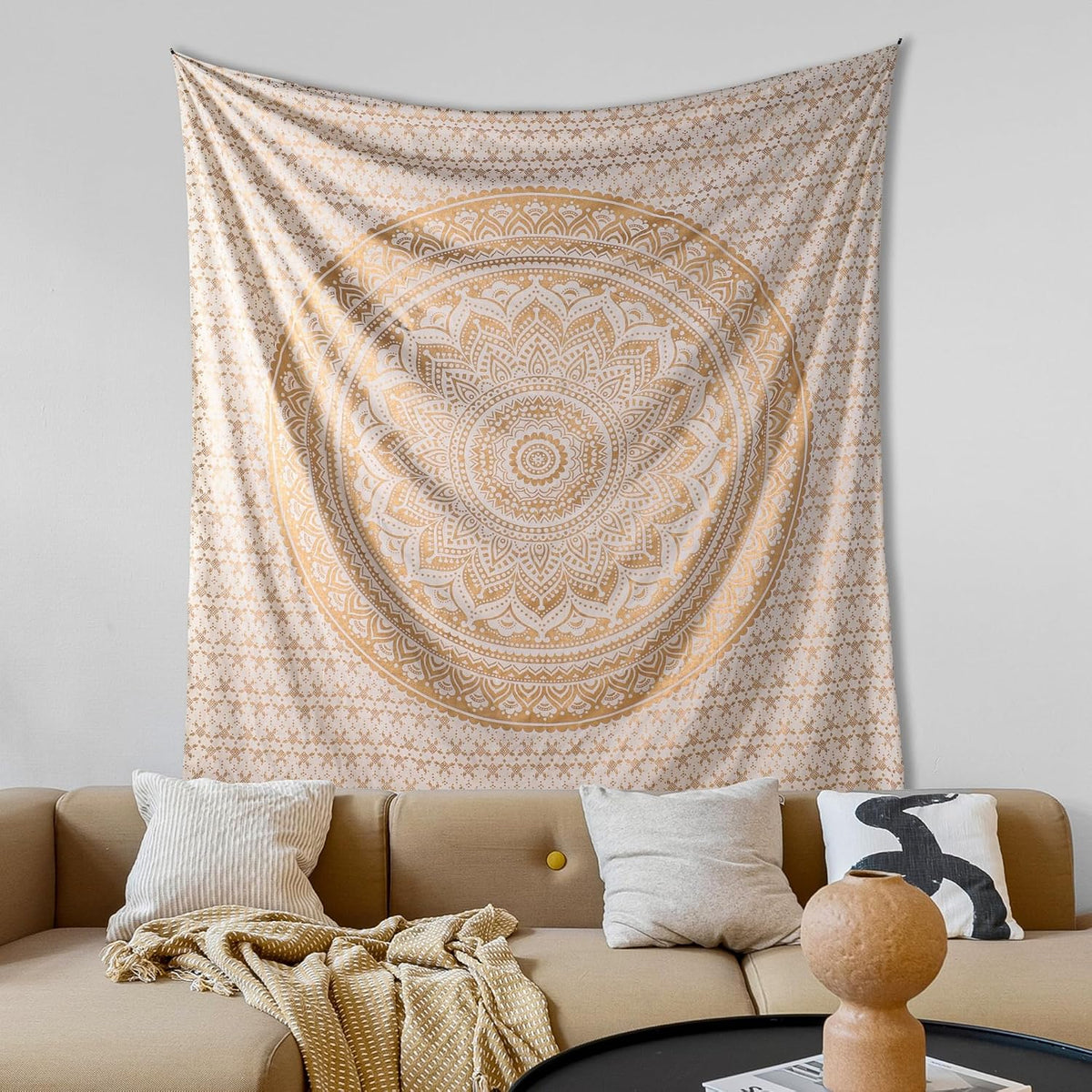 Original Gold Tapestry Wall Hanging Mandala – Cotton Throw Tapestry – Boho Bedding White and Gold Medium Bedspread 54x60 Inches – Meditation & Yoga Rug Mat