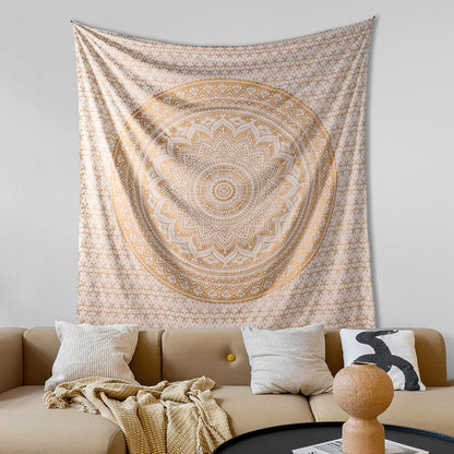 Original Gold Tapestry Wall Hanging Mandala – Cotton Throw Tapestry – Boho Bedding White and Gold Medium Bedspread 54x60 Inches – Meditation & Yoga Rug Mat