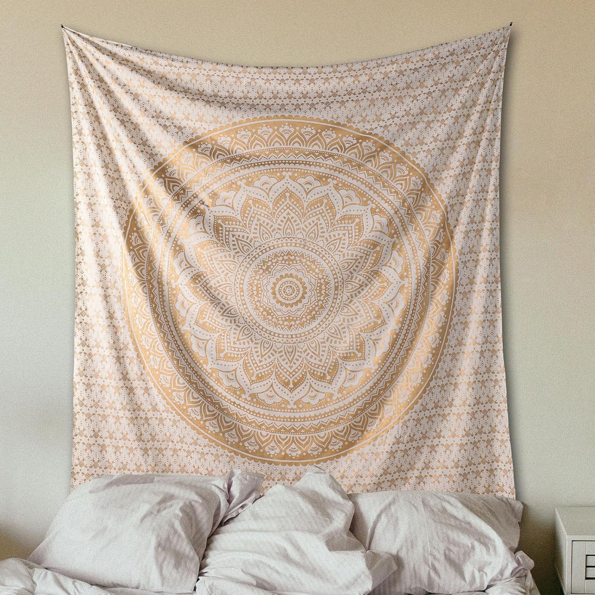 Original Gold Tapestry Wall Hanging Mandala – Cotton Throw Tapestry – Boho Bedding White and Gold Medium Bedspread 54x60 Inches – Meditation & Yoga Rug Mat
