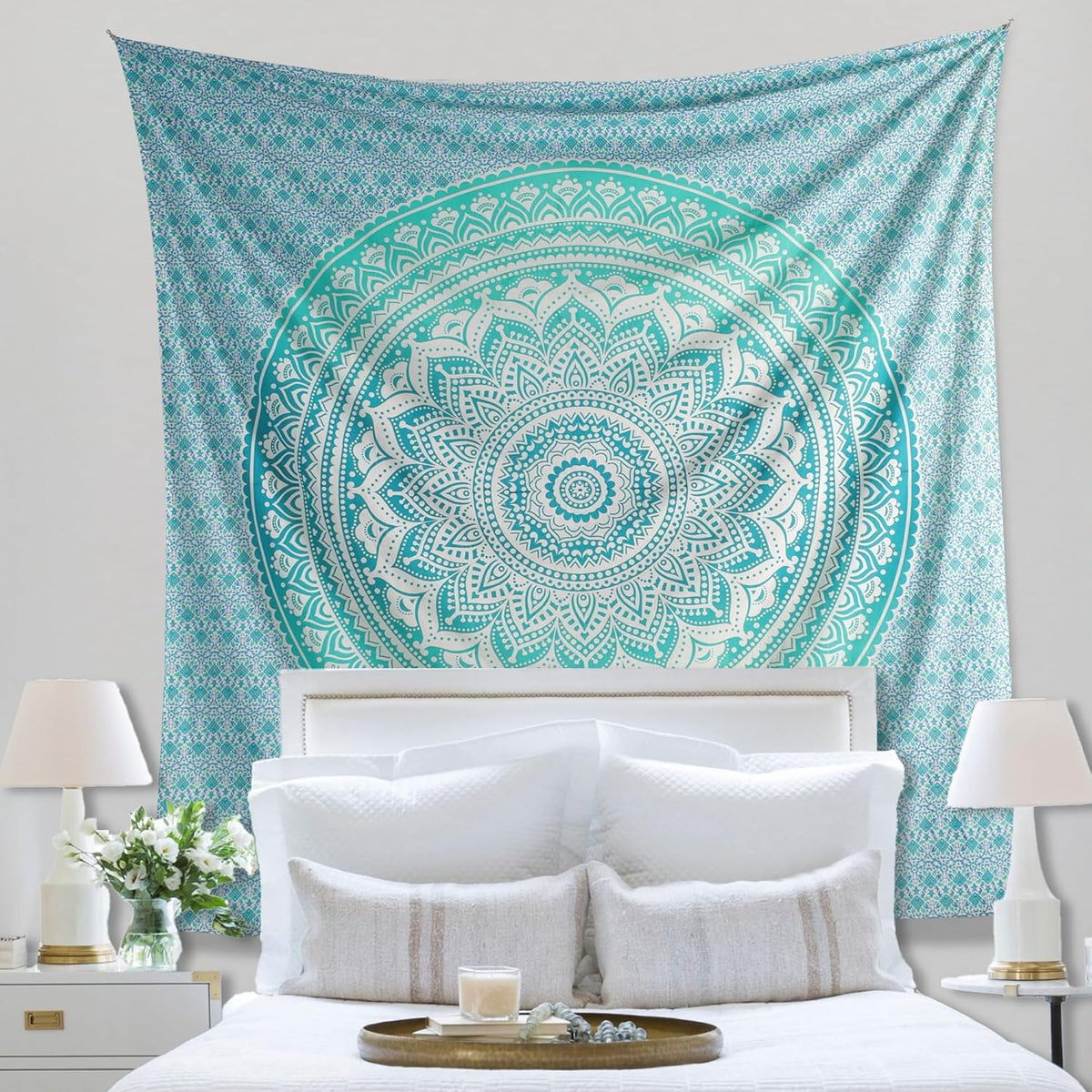 Original Gold Tapestry Wall Hanging Mandala – Cotton Throw Tapestry – Boho Bedding White and Gold Medium Bedspread 54x60 Inches – Meditation & Yoga Rug Mat
