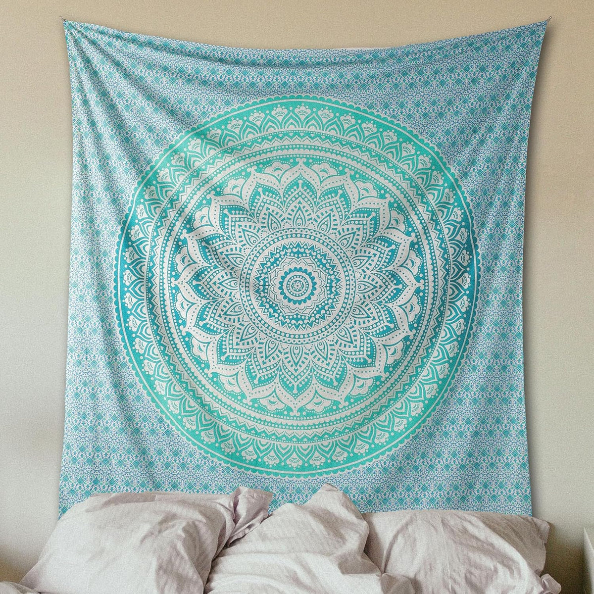 Original Gold Tapestry Wall Hanging Mandala – Cotton Throw Tapestry – Boho Bedding White and Gold Medium Bedspread 54x60 Inches – Meditation & Yoga Rug Mat
