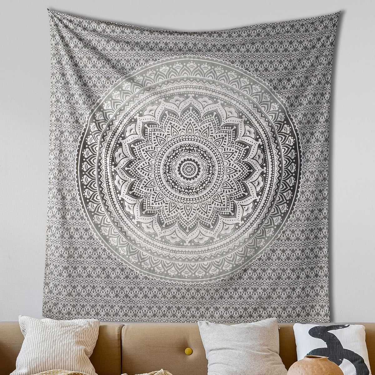 Original Gold Tapestry Wall Hanging Mandala – Cotton Throw Tapestry – Boho Bedding White and Gold Medium Bedspread 54x60 Inches – Meditation & Yoga Rug Mat