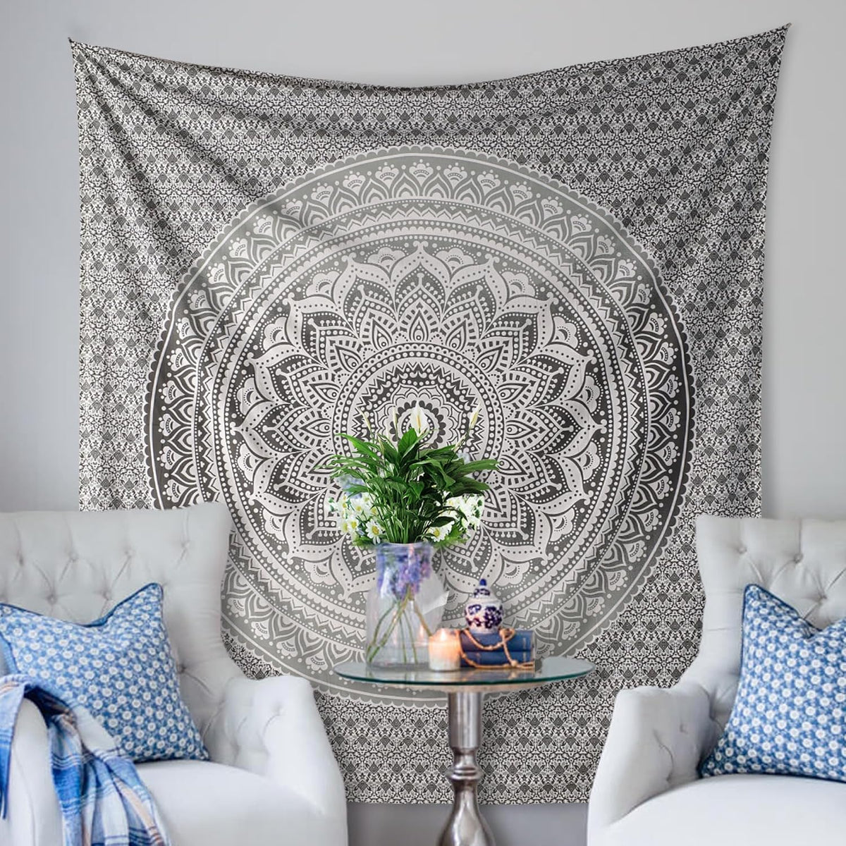 Original Gold Tapestry Wall Hanging Mandala – Cotton Throw Tapestry – Boho Bedding White and Gold Medium Bedspread 54x60 Inches – Meditation & Yoga Rug Mat