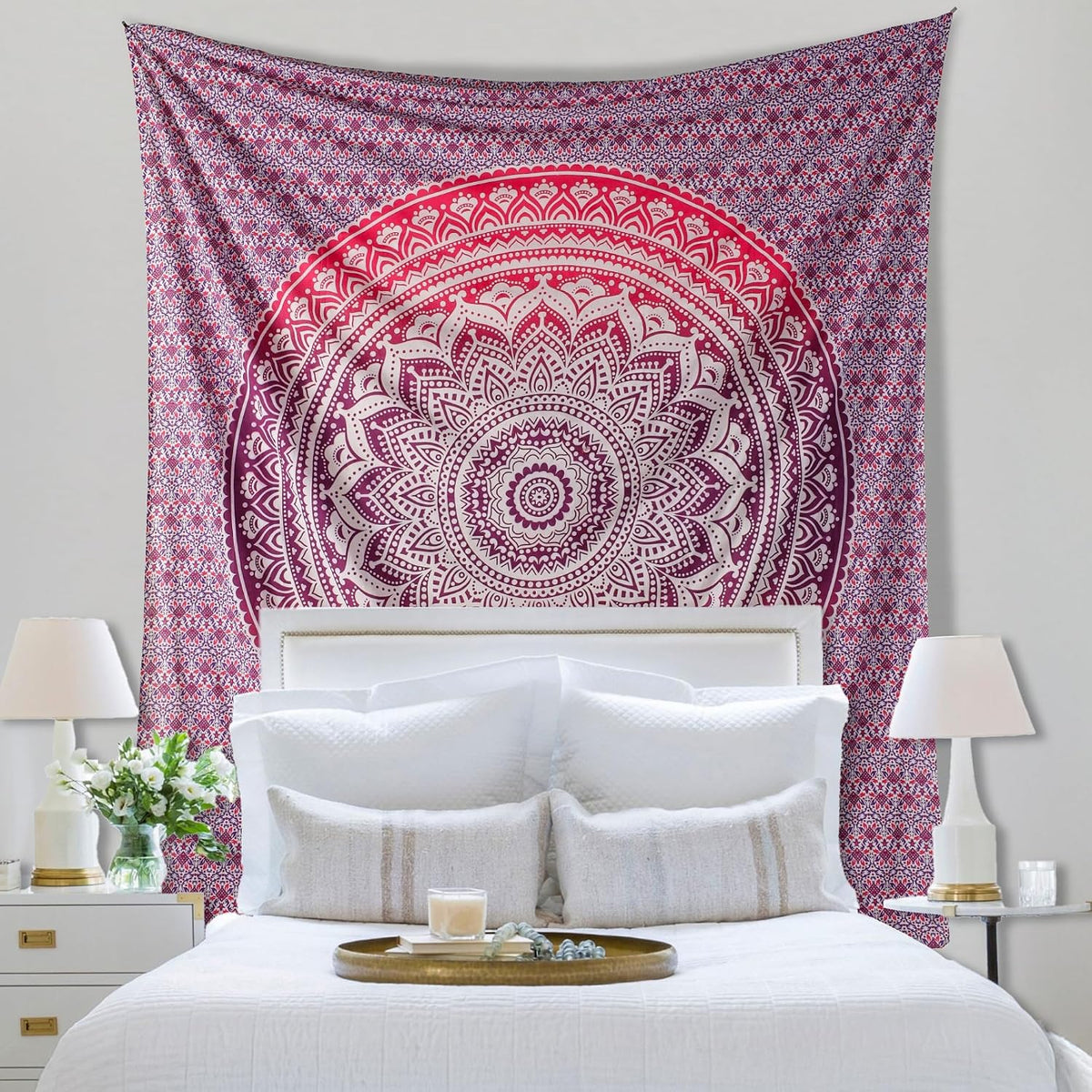 Original Gold Tapestry Wall Hanging Mandala – Cotton Throw Tapestry – Boho Bedding White and Gold Medium Bedspread 54x60 Inches – Meditation & Yoga Rug Mat