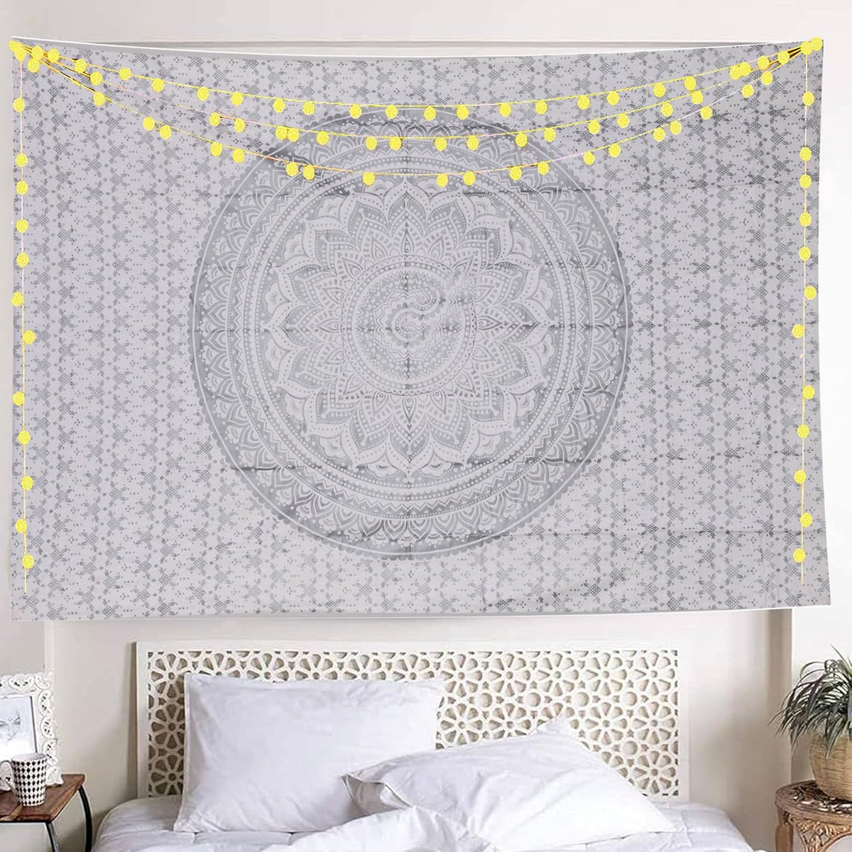 Original Gold Tapestry Wall Hanging Mandala – Cotton Throw Tapestry – Boho Bedding White and Gold Medium Bedspread 54x60 Inches – Meditation & Yoga Rug Mat