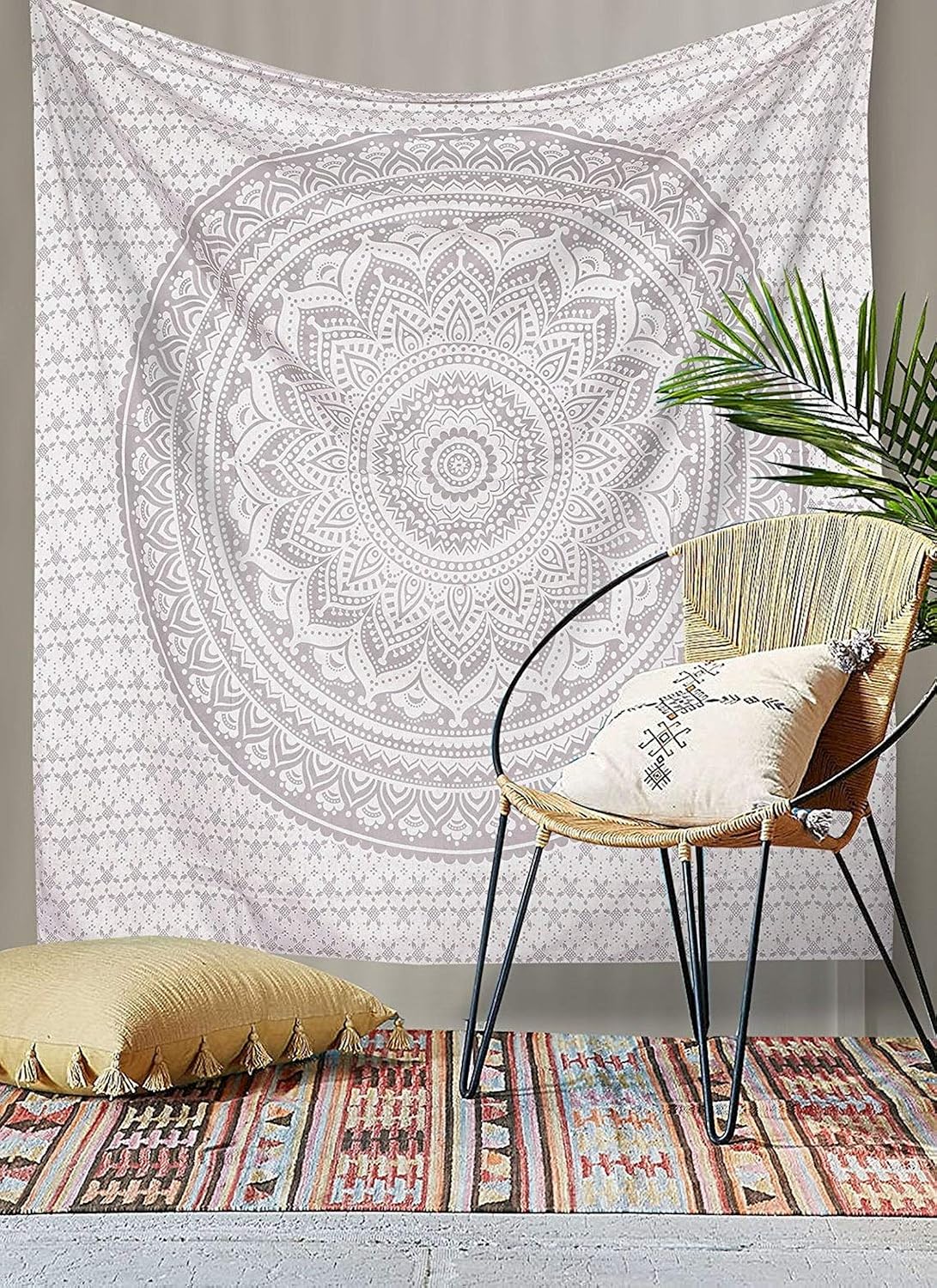 Original Gold Tapestry Wall Hanging Mandala – Cotton Throw Tapestry – Boho Bedding White and Gold Medium Bedspread 54x60 Inches – Meditation & Yoga Rug Mat