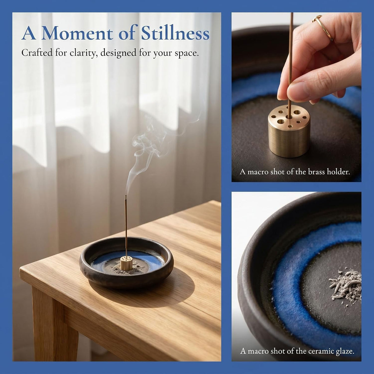 6 Inch Japanese Incense Holder Stick,Ceramic Handmade Crack Blue Glaze