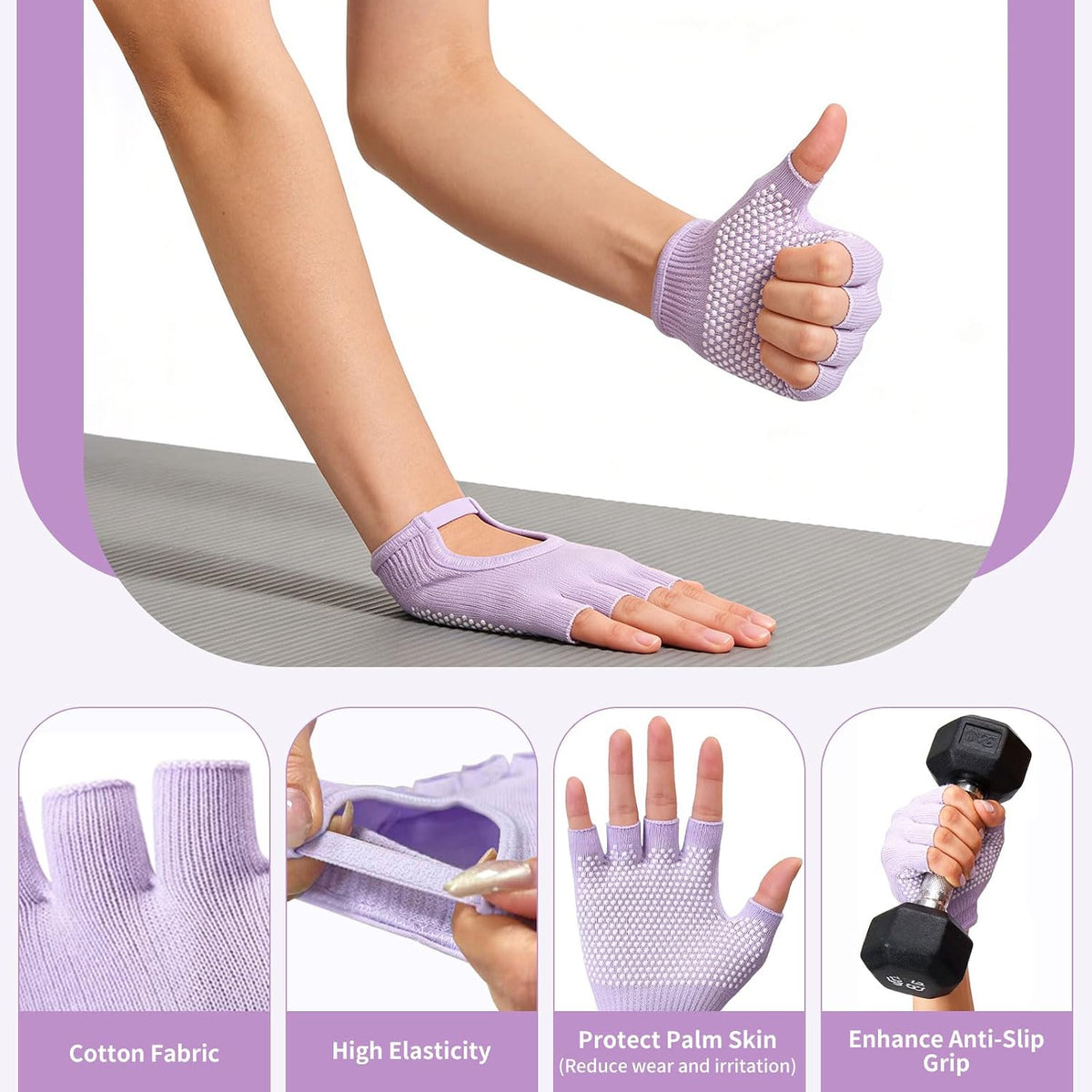 2 Pairs of Fingerless Hollow Yoga Gloves Cotton Non Slip One Size Suitable for Gym Workouts