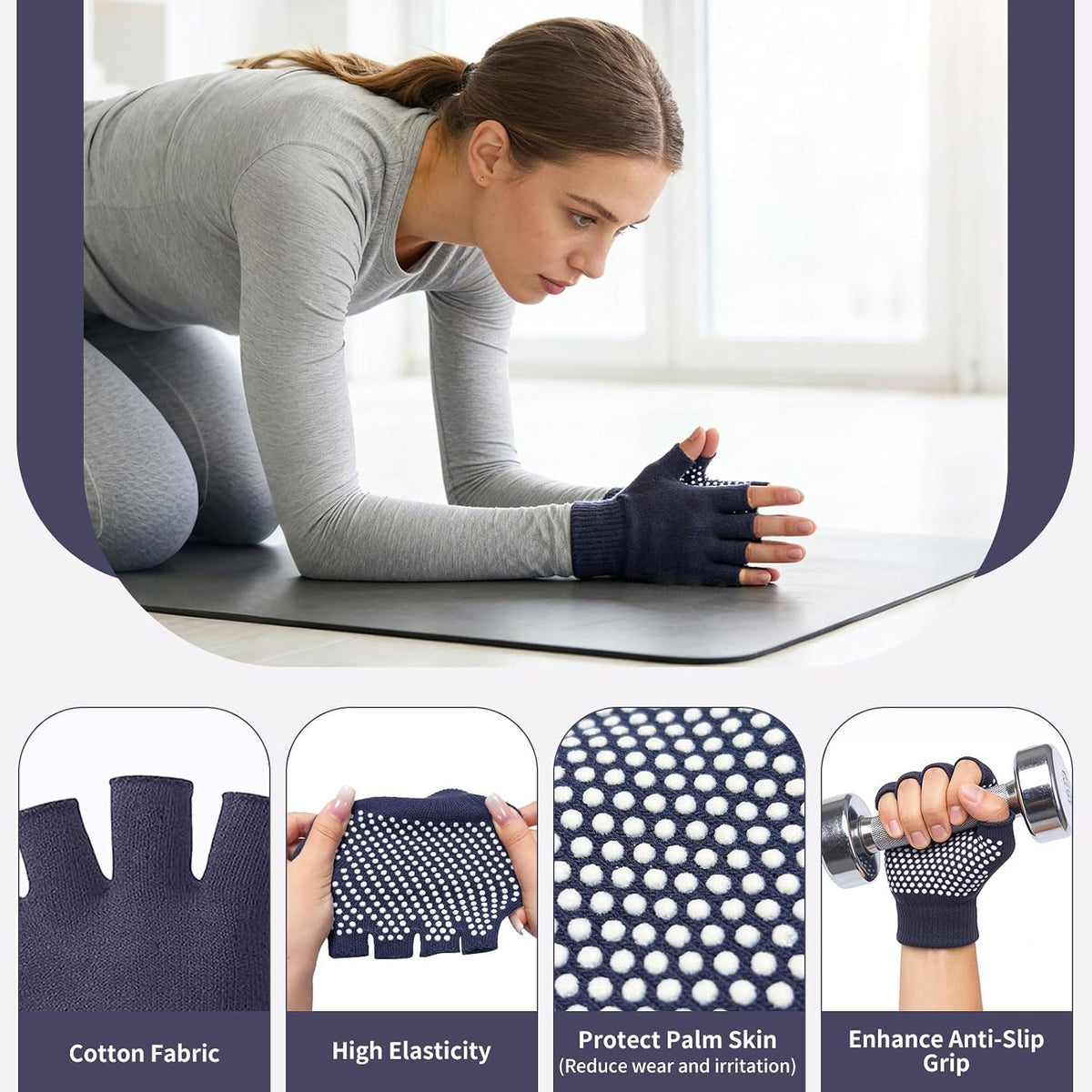 2 Pairs of Fingerless Hollow Yoga Gloves Cotton Non Slip One Size Suitable for Gym Workouts