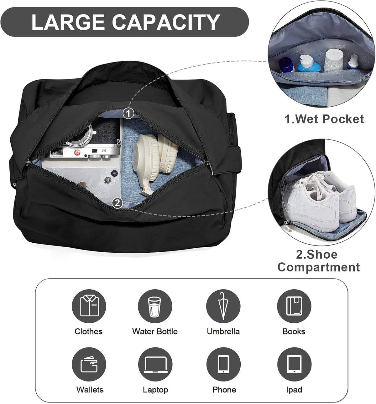 Small Gym Bag with Shoe Compartment, Workout Sport Duffle Bag for Women Travel, Waterproof Shoulder Overnight Bags Lightweight Carry on Tote Bags for Swim, Yoga, Dance