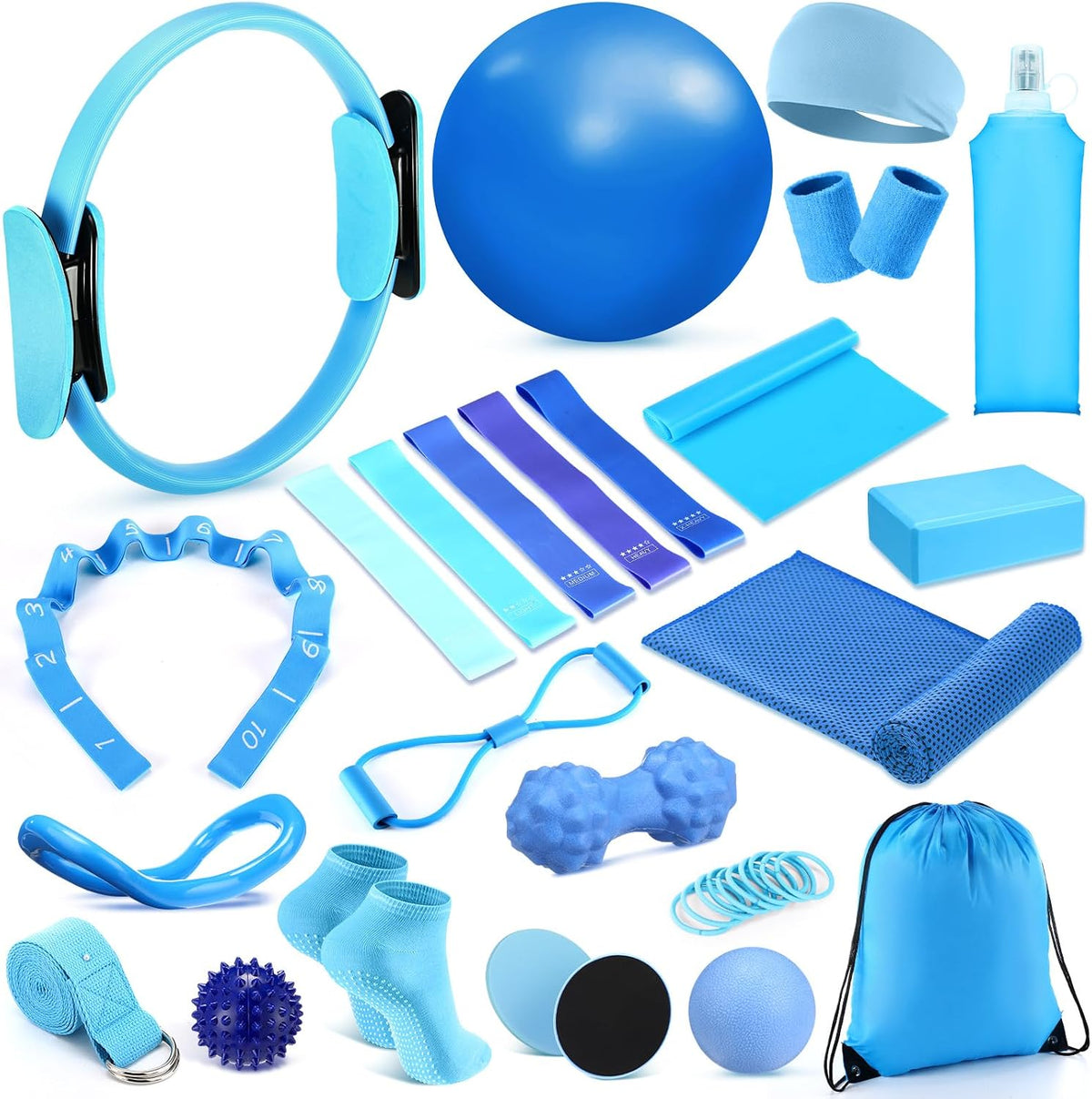 24 Pcs Pilates Kit, Home Pilate Equipment for Women, Pilates Ring and Ball Set with Stretching Strap, Water Bottle, Magic Circle, Yoga Ring, Gym Bag, Resistance Band, Anti Slip Sock