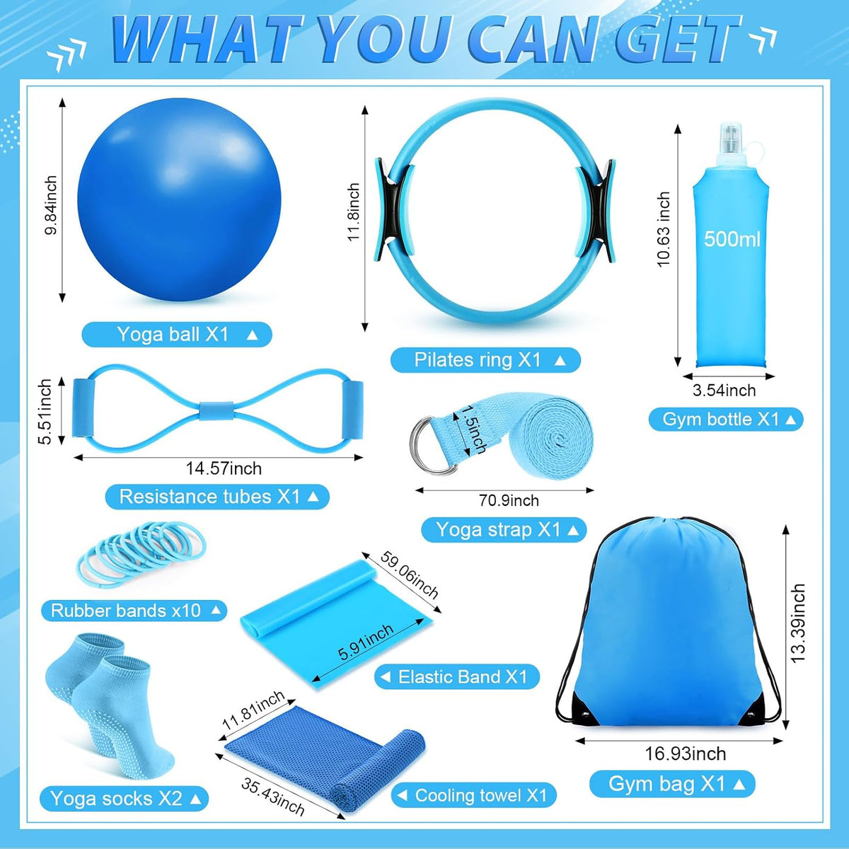 24 Pcs Pilates Kit, Home Pilate Equipment for Women, Pilates Ring and Ball Set with Stretching Strap, Water Bottle, Magic Circle, Yoga Ring, Gym Bag, Resistance Band, Anti Slip Sock