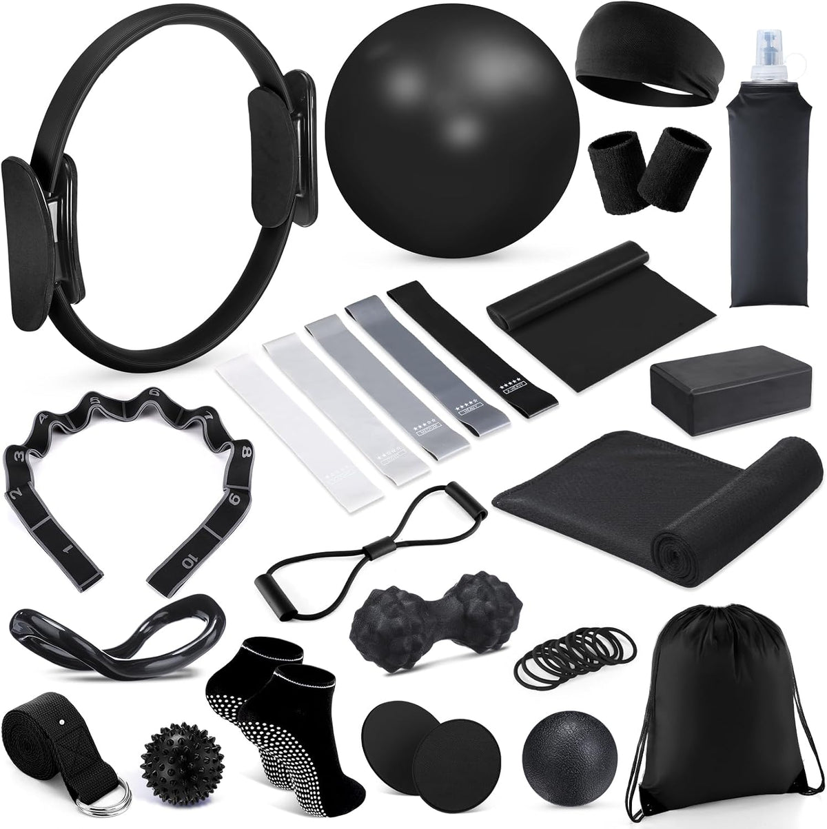 24 Pcs Pilates Kit, Home Pilate Equipment for Women, Pilates Ring and Ball Set with Stretching Strap, Water Bottle, Magic Circle, Yoga Ring, Gym Bag, Resistance Band, Anti Slip Sock