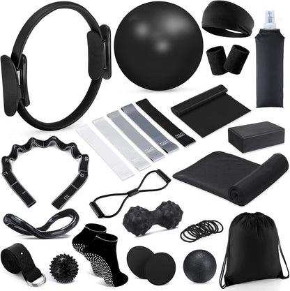 24 Pcs Pilates Kit, Home Pilate Equipment for Women, Pilates Ring and Ball Set with Stretching Strap, Water Bottle, Magic Circle, Yoga Ring, Gym Bag, Resistance Band, Anti Slip Sock