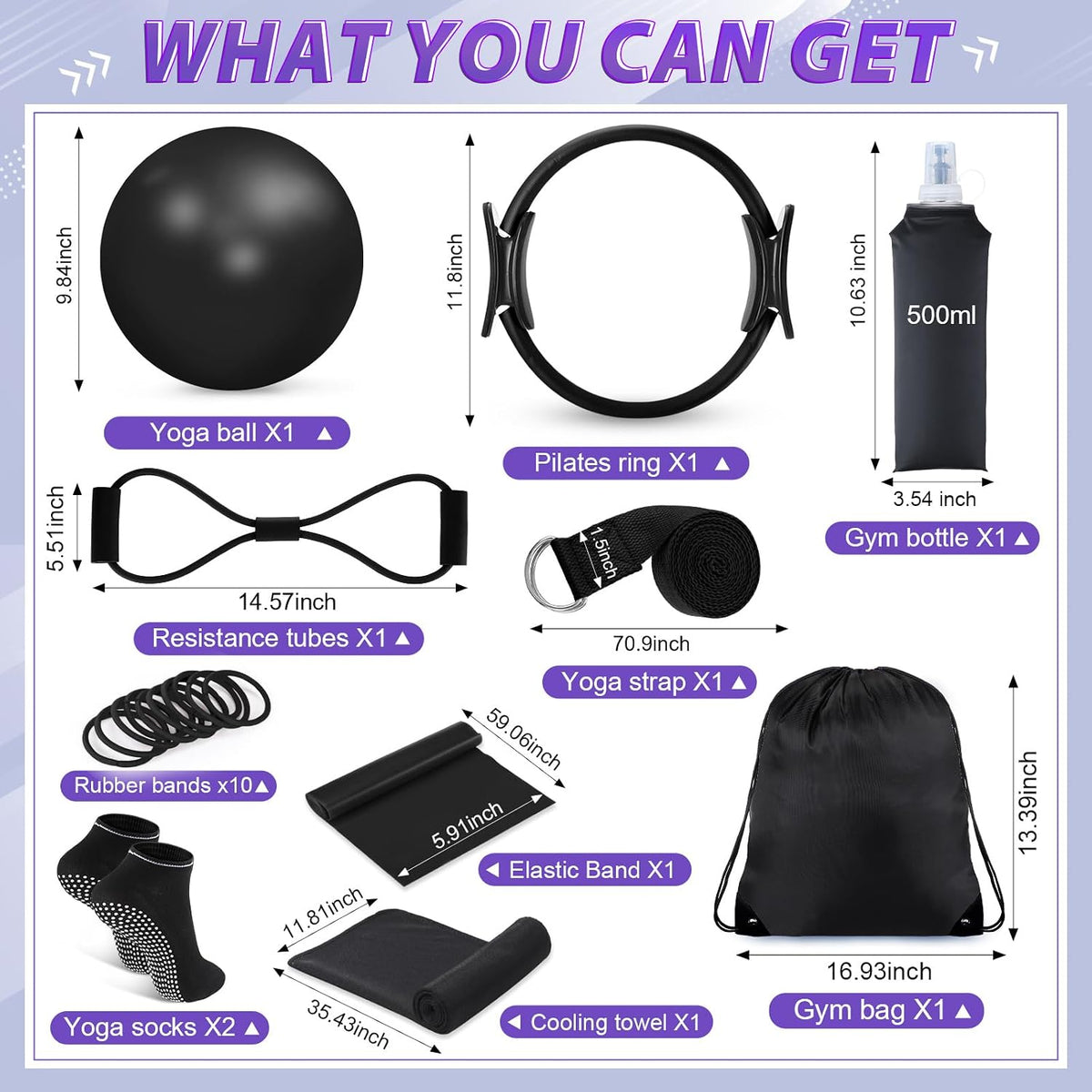 24 Pcs Pilates Kit, Home Pilate Equipment for Women, Pilates Ring and Ball Set with Stretching Strap, Water Bottle, Magic Circle, Yoga Ring, Gym Bag, Resistance Band, Anti Slip Sock