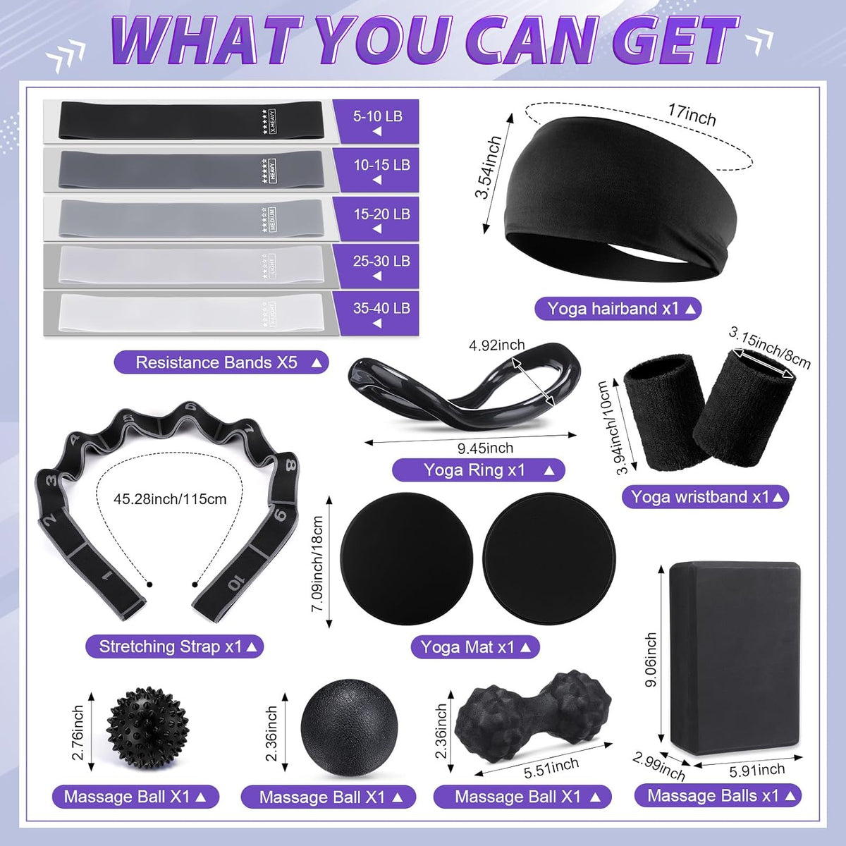 24 Pcs Pilates Kit, Home Pilate Equipment for Women, Pilates Ring and Ball Set with Stretching Strap, Water Bottle, Magic Circle, Yoga Ring, Gym Bag, Resistance Band, Anti Slip Sock