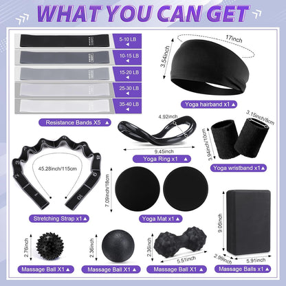 24 Pcs Pilates Kit, Home Pilate Equipment for Women, Pilates Ring and Ball Set with Stretching Strap, Water Bottle, Magic Circle, Yoga Ring, Gym Bag, Resistance Band, Anti Slip Sock