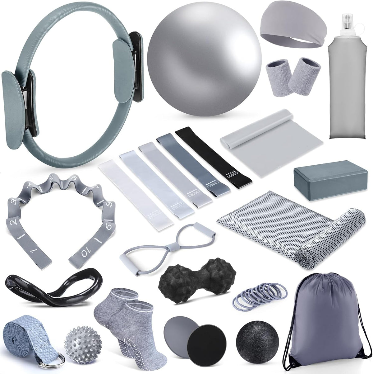 24 Pcs Pilates Kit, Home Pilate Equipment for Women, Pilates Ring and Ball Set with Stretching Strap, Water Bottle, Magic Circle, Yoga Ring, Gym Bag, Resistance Band, Anti Slip Sock