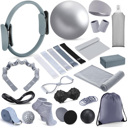 24 Pcs Pilates Kit, Home Pilate Equipment for Women, Pilates Ring and Ball Set with Stretching Strap, Water Bottle, Magic Circle, Yoga Ring, Gym Bag, Resistance Band, Anti Slip Sock