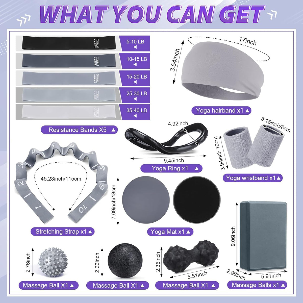 24 Pcs Pilates Kit, Home Pilate Equipment for Women, Pilates Ring and Ball Set with Stretching Strap, Water Bottle, Magic Circle, Yoga Ring, Gym Bag, Resistance Band, Anti Slip Sock