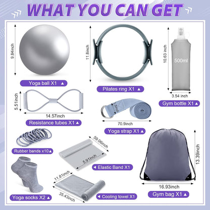 24 Pcs Pilates Kit, Home Pilate Equipment for Women, Pilates Ring and Ball Set with Stretching Strap, Water Bottle, Magic Circle, Yoga Ring, Gym Bag, Resistance Band, Anti Slip Sock