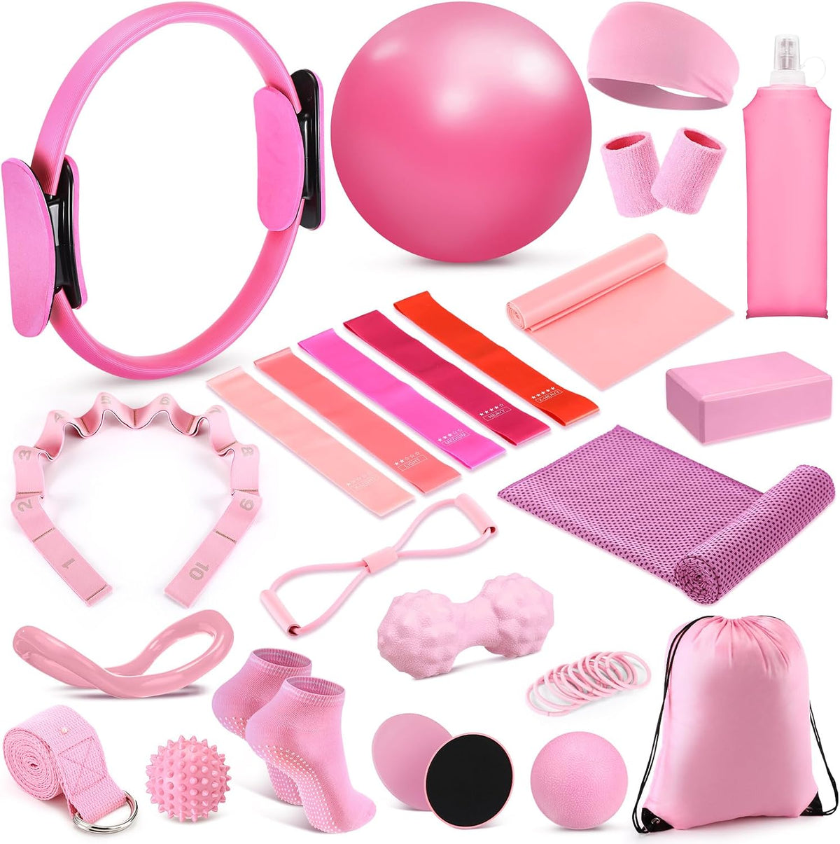 24 Pcs Pilates Kit, Home Pilate Equipment for Women, Pilates Ring and Ball Set with Stretching Strap, Water Bottle, Magic Circle, Yoga Ring, Gym Bag, Resistance Band, Anti Slip Sock