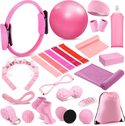 24 Pcs Pilates Kit, Home Pilate Equipment for Women, Pilates Ring and Ball Set with Stretching Strap, Water Bottle, Magic Circle, Yoga Ring, Gym Bag, Resistance Band, Anti Slip Sock