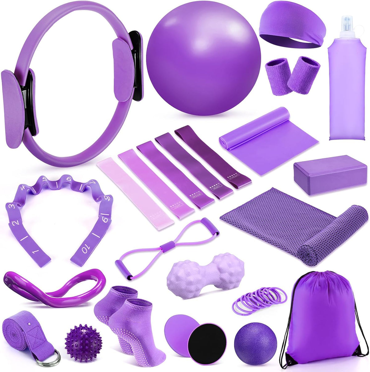 24 Pcs Pilates Kit, Home Pilate Equipment for Women, Pilates Ring and Ball Set with Stretching Strap, Water Bottle, Magic Circle, Yoga Ring, Gym Bag, Resistance Band, Anti Slip Sock
