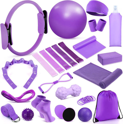 24 Pcs Pilates Kit, Home Pilate Equipment for Women, Pilates Ring and Ball Set with Stretching Strap, Water Bottle, Magic Circle, Yoga Ring, Gym Bag, Resistance Band, Anti Slip Sock