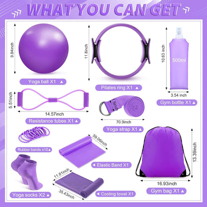 24 Pcs Pilates Kit, Home Pilate Equipment for Women, Pilates Ring and Ball Set with Stretching Strap, Water Bottle, Magic Circle, Yoga Ring, Gym Bag, Resistance Band, Anti Slip Sock