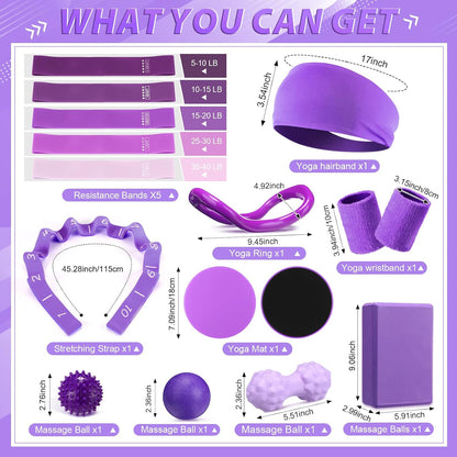 24 Pcs Pilates Kit, Home Pilate Equipment for Women, Pilates Ring and Ball Set with Stretching Strap, Water Bottle, Magic Circle, Yoga Ring, Gym Bag, Resistance Band, Anti Slip Sock