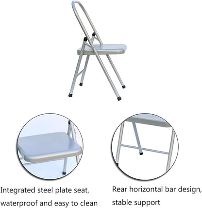 Metal Iyengar Yoga Chair, Backless Yoga Chair, Steel seat Surface, Yoga assistive Chair, with Anti-Slip Foot Covers, Rear Single Beam Design, Silver,48cm