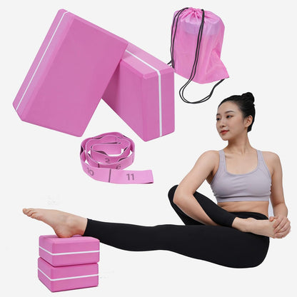 High Density Yoga Blocks 2 Pack with 11 Loops Stretch Band, 350g Non-Slip Foam Exercise Bricks for Pilates & Dance, Pink Gym Accessories with Carry Bag for Flexibility, Balance & Rehab Training